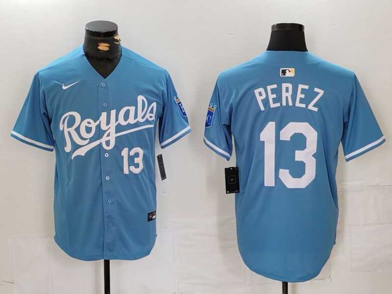Men%27s Kansas City Royals #13 Salvador Perez Number Light Blue Cool Base Stitched Jersey